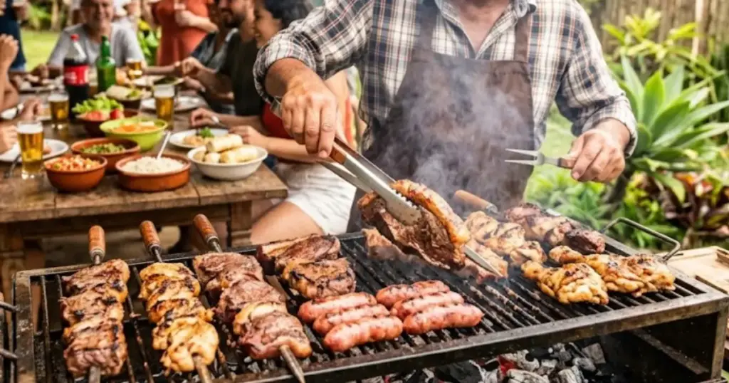 Homem sorridente preparando carnes variadas na grelha para amigos durante a celebração do Dia do Churrasco em um ambiente festivo ao ar livre.