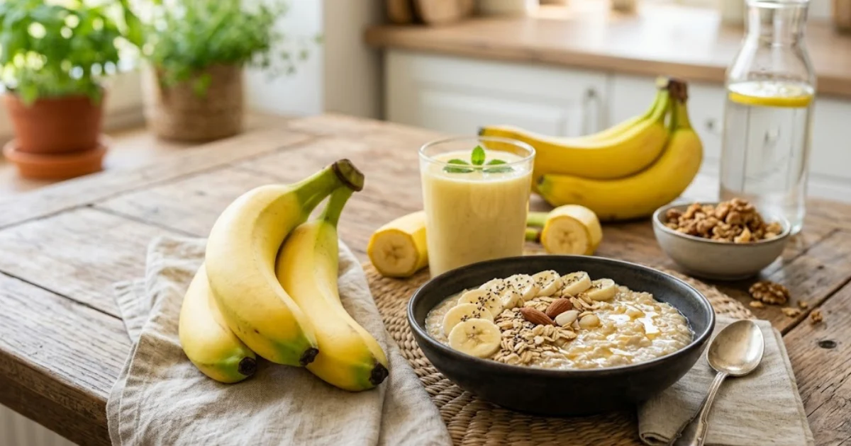 Café da manhã saudável com tigela de aveia, rodelas de banana, um copo de vitamina e frutas frescas sobre uma mesa de madeira, ilustrando uma refeição da Dieta da banana para emagrecer.