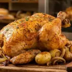 Frango de padaria suculento e dourado, servido em uma tábua de madeira com batatas assadas, em um ambiente de padaria ao fundo.