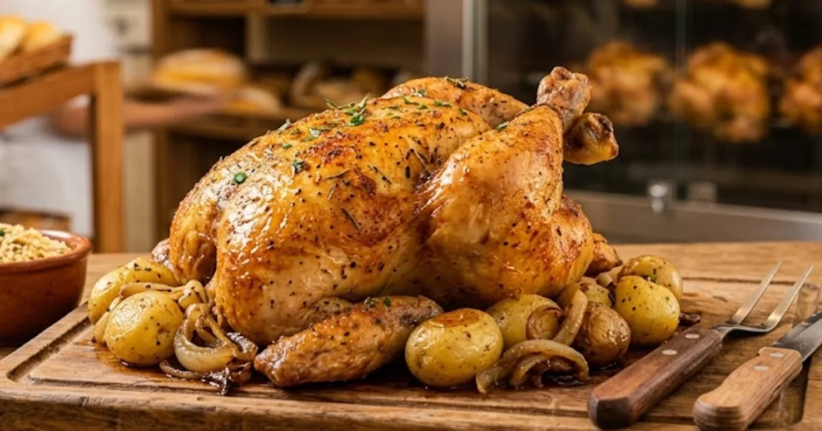 Frango de padaria suculento e dourado, servido em uma tábua de madeira com batatas assadas, em um ambiente de padaria ao fundo.