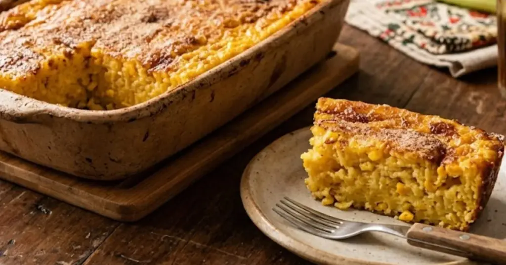 Fatia de pamonha assada no forno servida em prato rústico, com a travessa inteira ao fundo sobre mesa de madeira, destacando a textura dourada e artesanal da receita.