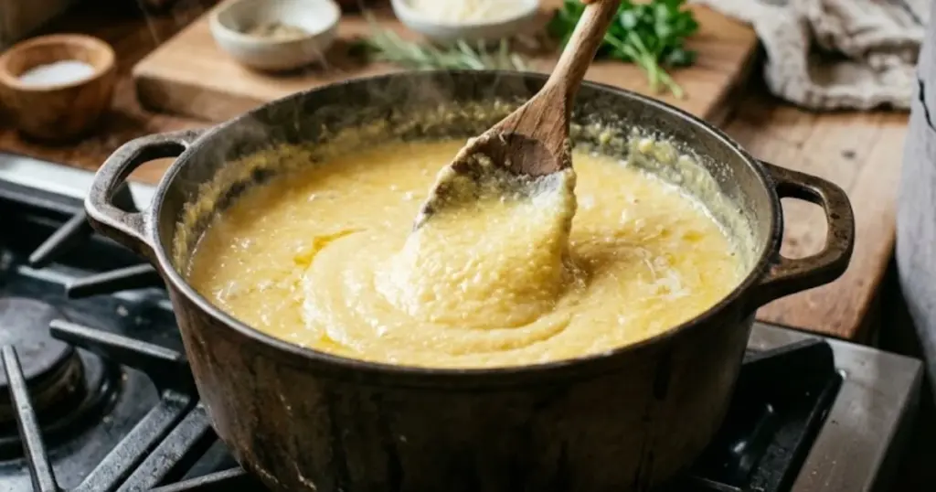 Pessoa preparando polenta cremosa na panela de ferro sobre o fogão, com foco na textura suave do prato.