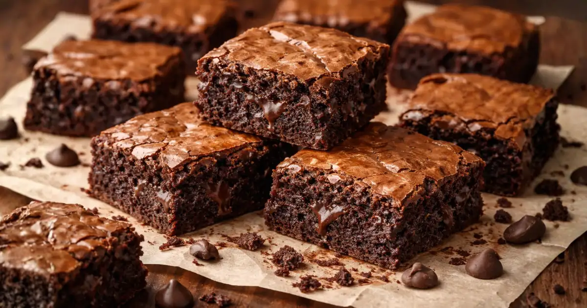 Brownie fácil cortado em quadrados com interior cremoso e pedaços de chocolate derretido visíveis, sobre superfície rústica, destacando textura macia e aparência caseira apetitosa.