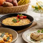Mesa ao ar livre com Receitas Sustentáveis para o Verão, incluindo nhoque de abóbora, peixe com banana, picolé de abacaxi e farofa de talos.