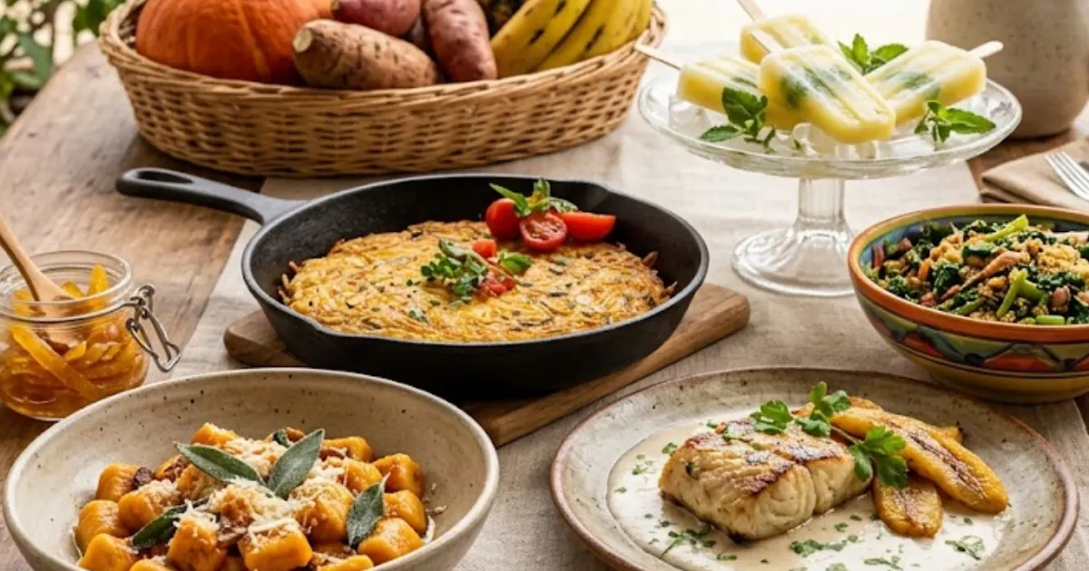Mesa ao ar livre com Receitas Sustentáveis para o Verão, incluindo nhoque de abóbora, peixe com banana, picolé de abacaxi e farofa de talos.