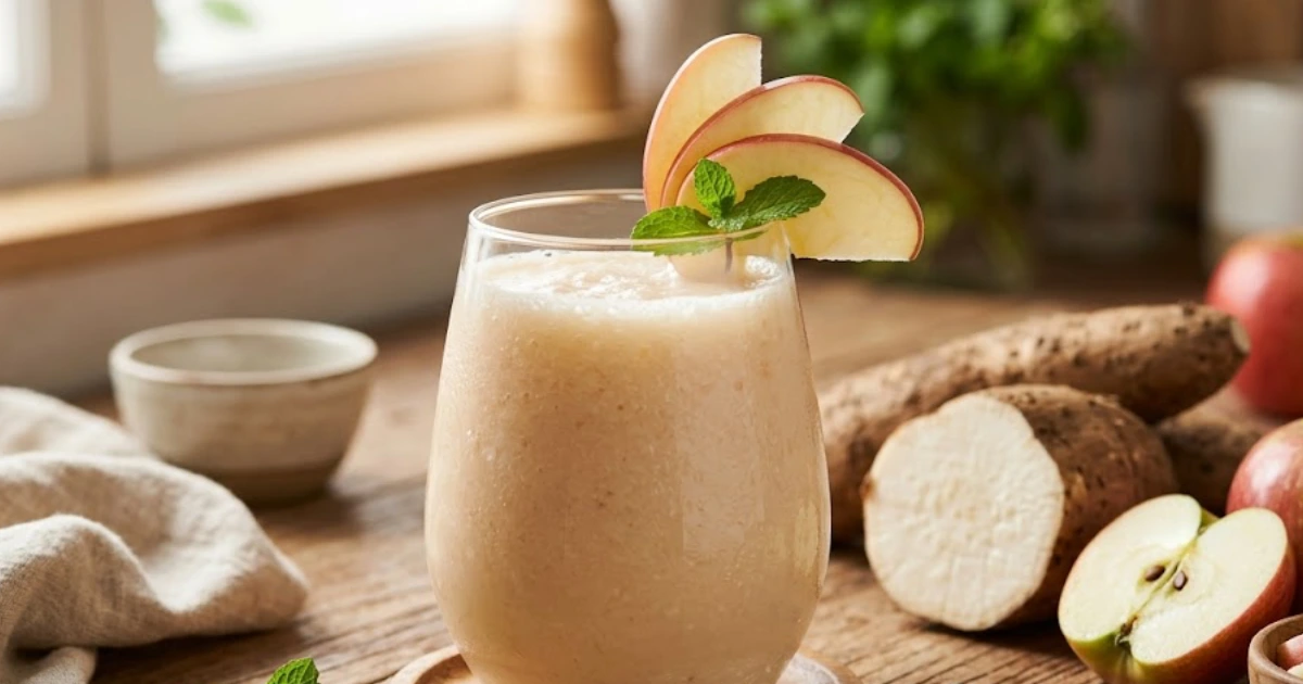 Copo de suco de inhame com maçã fresco e saudável, decorado com fatias de maçã e folhas de hortelã, posicionado sobre uma mesa de madeira rústica com ingredientes ao fundo.