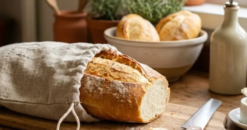 Pão francês guardado dentro de um saco de tecido sobre uma tábua de madeira em uma cozinha, ilustrando a melhor forma de guardar pão francês e manter o frescor de verdade.