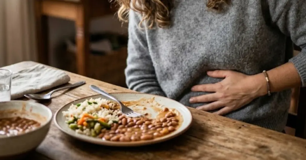 Mulher sentada à mesa segurando a barriga com expressão de incômodo, ilustrando o desconforto após comer feijão.