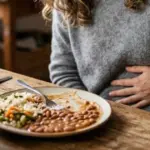 Mulher sentada à mesa segurando a barriga com expressão de incômodo, ilustrando o desconforto após comer feijão.