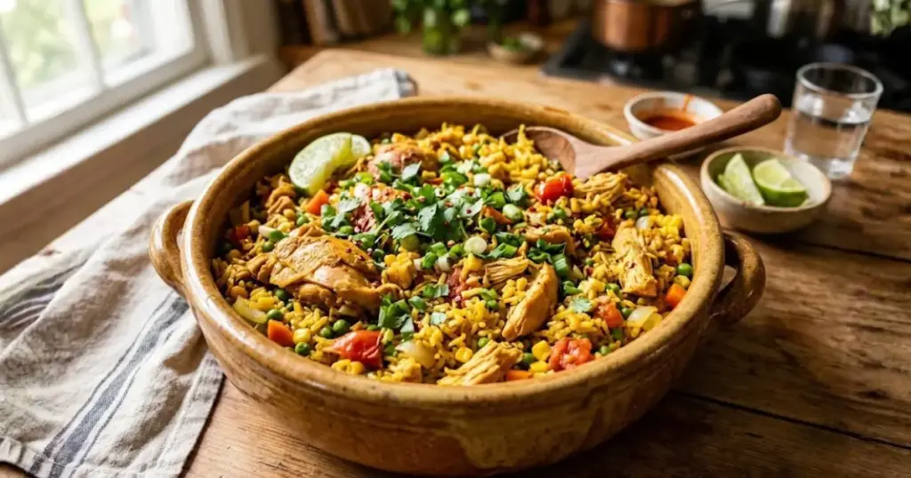 Tigela de barro rústica contendo uma deliciosa galinhada, preparada com uma galinhada receita simples, servida com arroz amarelo, frango, legumes e ervas frescas sobre uma mesa de madeira.