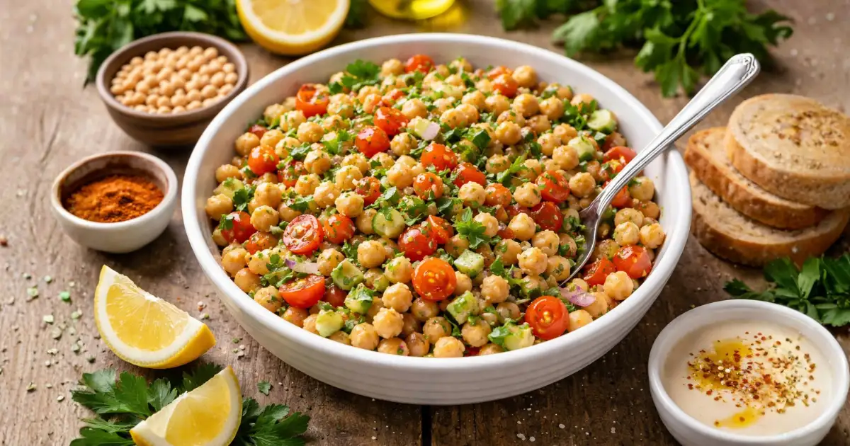 Salada de grão de bico receita simples com tomate, ervas frescas e limão em tigela branca sobre mesa rústica, iluminada com luz natural.