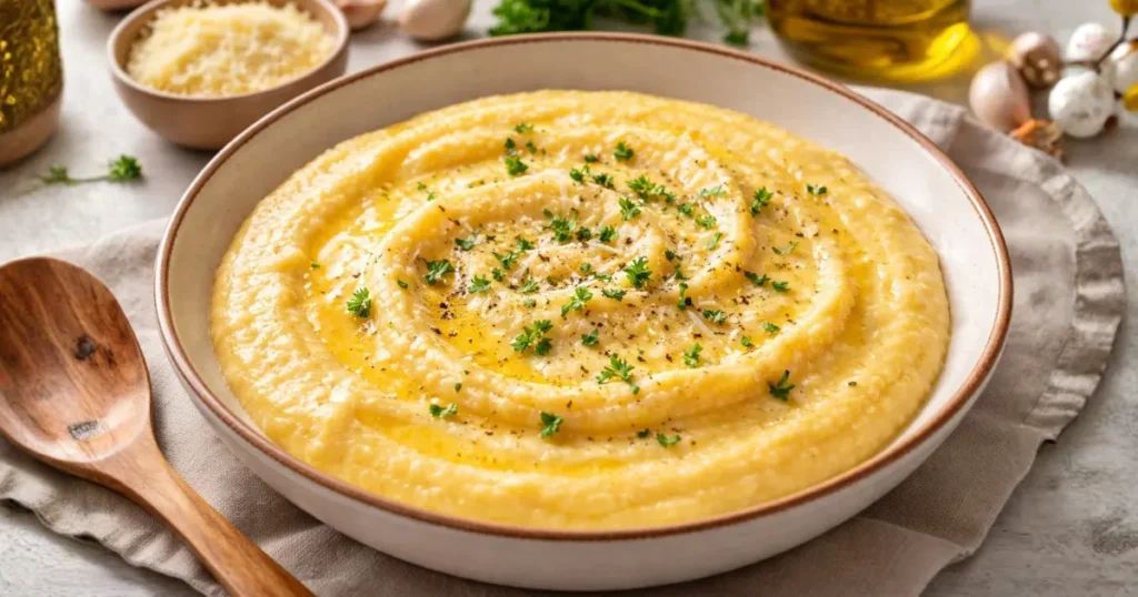 Polenta cremosa simples em prato rústico, com textura lisa e aveludada, finalizada com manteiga derretida, queijo ralado e ervas frescas, em ambiente acolhedor de cozinha caseira.
