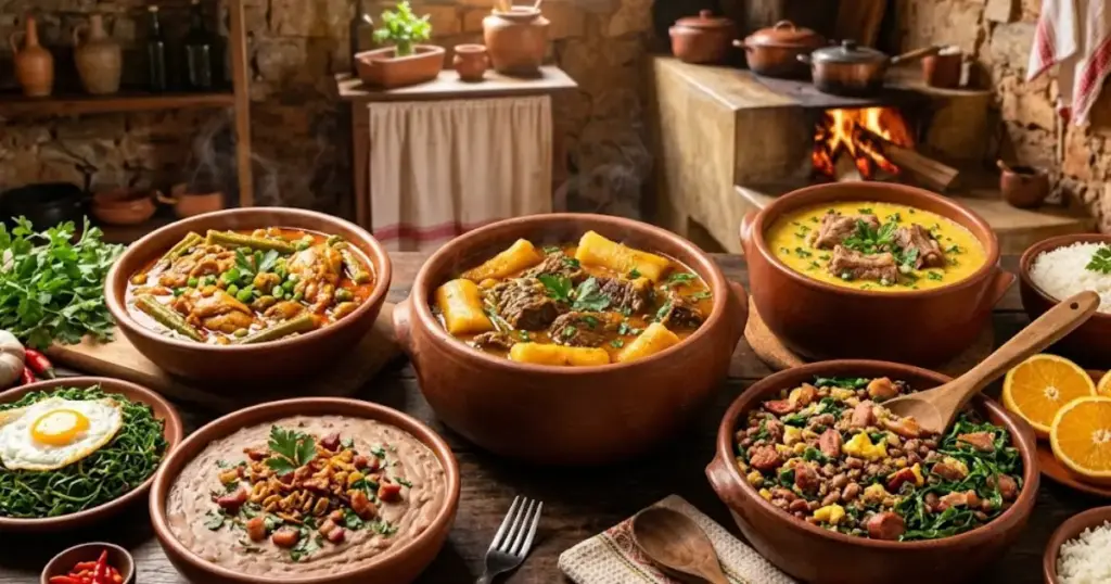 Mesa rústica com diversos pratos da culinária mineira, incluindo tutu de feijão, feijão-tropeiro, vaca atolada, canjiquinha e frango com quiabo servidos em panelas de barro, em um ambiente de cozinha com fogão a lenha ao fundo.