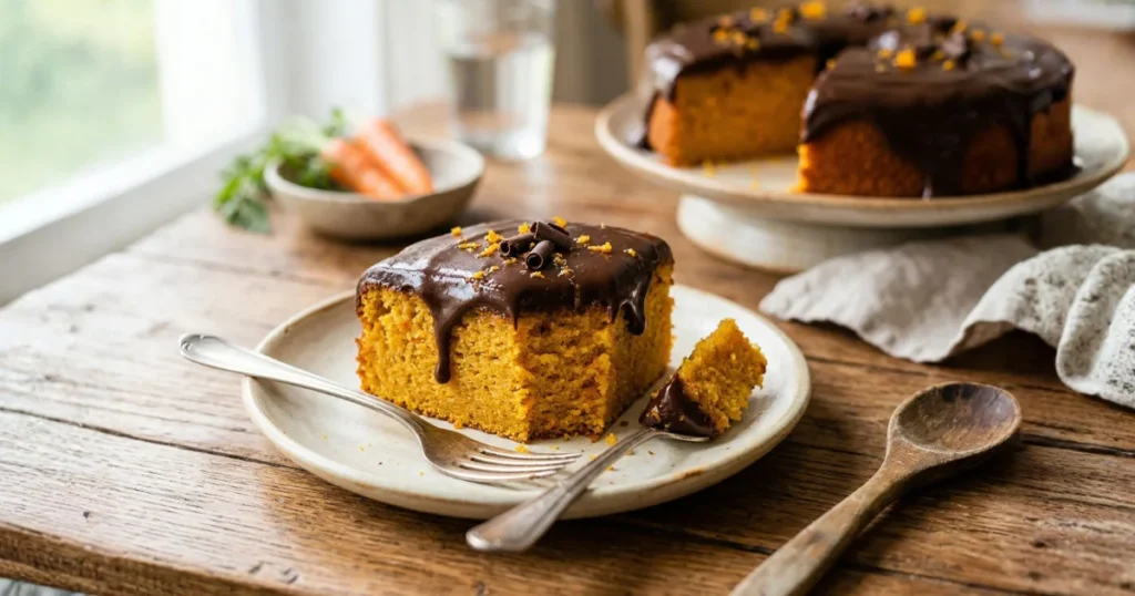 Fatia de bolo de cenoura fofinho com cobertura cremosa de chocolate em um prato com garfo, mostrando a receita de bolo de cenoura fácil sobre uma mesa de madeira.