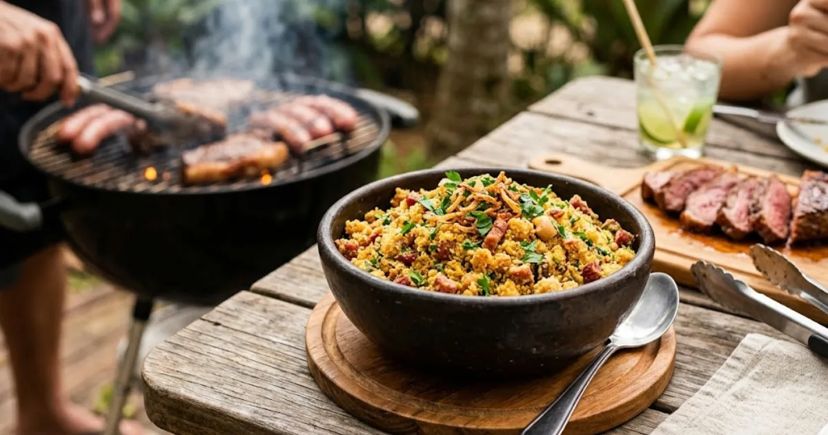 Tigela de farofa dourada e crocante servida em uma mesa de madeira ao lado de carnes em uma churrasqueira, ilustrando uma receita de farofa simples para churrasco.