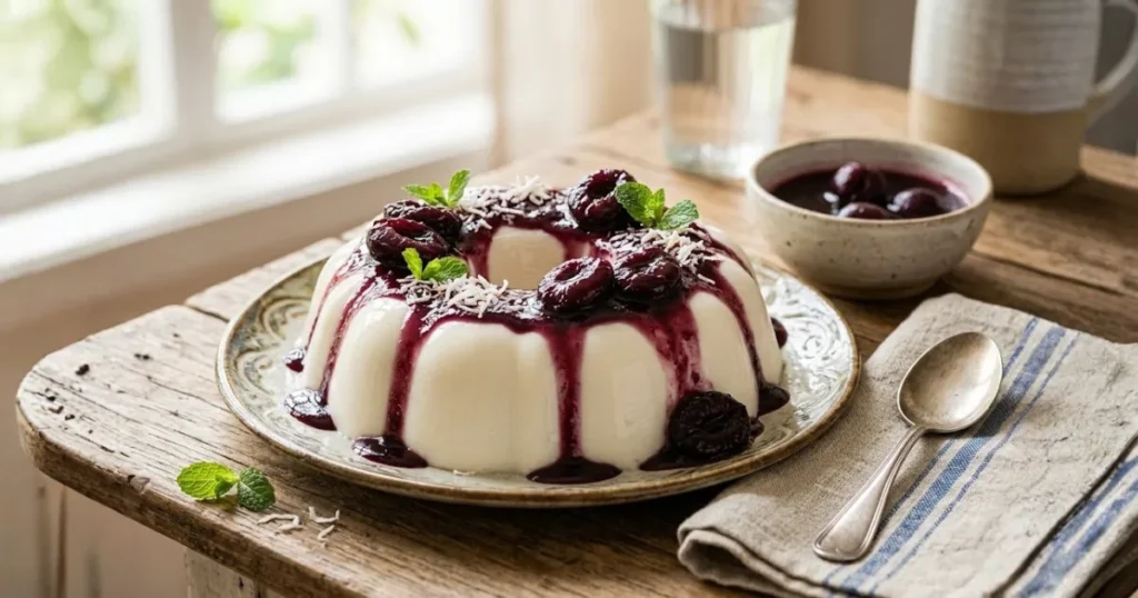 Uma fotografia apetitosa de uma receita de manjar simples, um flan de coco branco em forma de anel, servido em um prato rústico sobre uma mesa de madeira. O manjar está generosamente coberto com uma calda de ameixa roxa escura, ameixas inteiras em conserva e polvilhado com coco ralado. Ramos de hortelã fresca decoram o prato. No fundo, há uma tigela pequena com mais calda, um copo de água e uma colher vintage sobre um pano de linho, tudo banhado pela luz natural da janela.