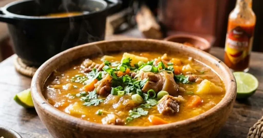Tigela de barro rústica com receita de mocotó tradicional, finalizada com ervas frescas, servida com farofa e limão em mesa de madeira.