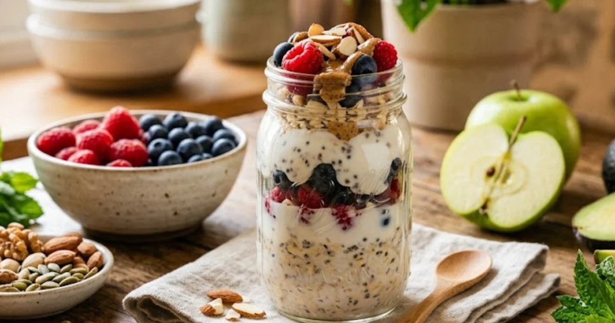 Pote de vidro com overnight oats proteico, decorado com frutas vermelhas, amêndoas e pasta de oleaginosas, servido em uma mesa rústica como um lanche saudável para o controle do açúcar no sangue.