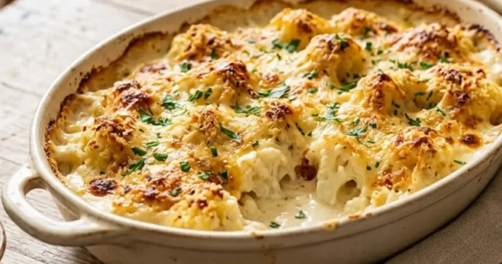 Travessa com couve-flor gratinada ao molho branco com crosta dourada sobre mesa de madeira, sugestão de prato principal saudável.