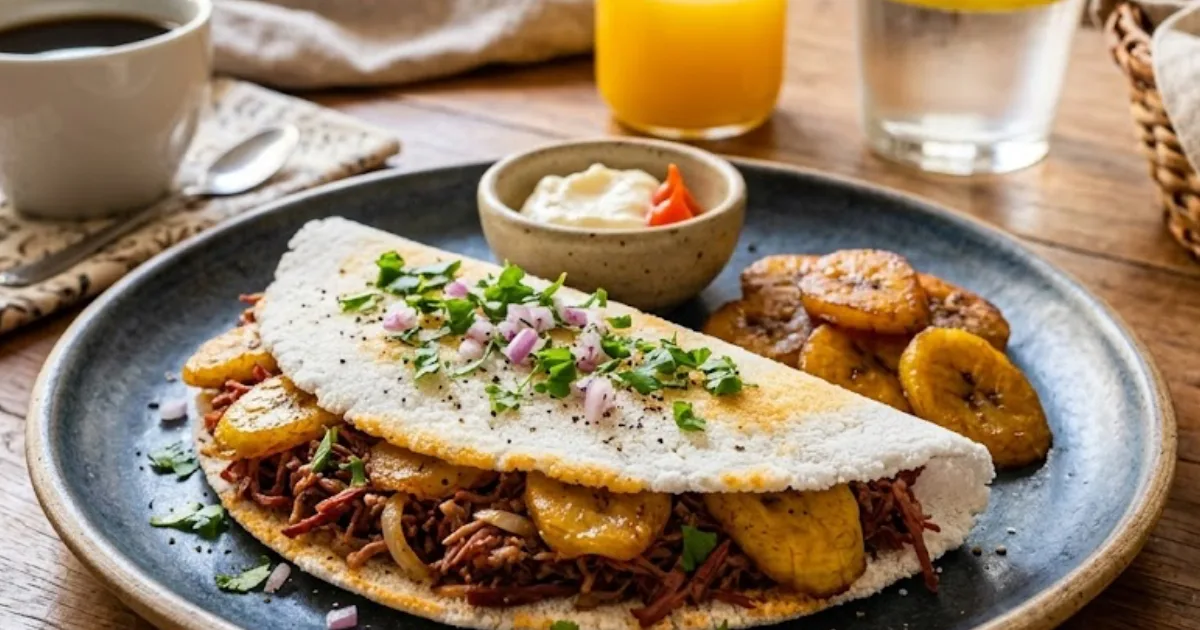 Tapioca recheada com carne seca desfiada e banana-da-terra frita servida em prato rústico azul, compondo uma mesa de café da manhã com café e suco.