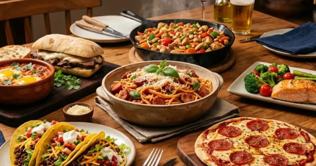 Mesa de jantar variada apresentando diversas opções de receitas rápidas para o jantar de sexta-feira, incluindo macarrão com linguiça, pizza de frigideira, salmão grelhado, tacos, frango xadrez, sanduíche de carne e ovos ao molho.