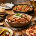 Mesa de jantar variada apresentando diversas opções de receitas rápidas para o jantar de sexta-feira, incluindo macarrão com linguiça, pizza de frigideira, salmão grelhado, tacos, frango xadrez, sanduíche de carne e ovos ao molho.