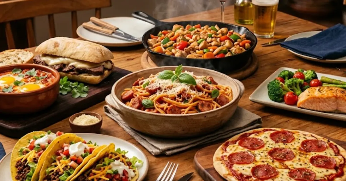 Mesa de jantar variada apresentando diversas opções de receitas rápidas para o jantar de sexta-feira, incluindo macarrão com linguiça, pizza de frigideira, salmão grelhado, tacos, frango xadrez, sanduíche de carne e ovos ao molho.