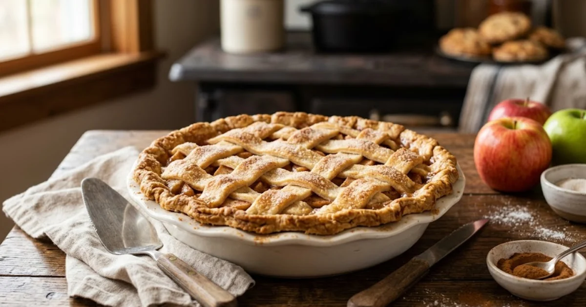 Torta de maçã americana caseira com massa trançada dourada, servida sobre uma mesa de madeira rústica, acompanhada de maçãs frescas e um pouco de canela.