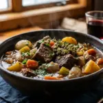 Tigela rústica com ensopado de músculo suculento, legumes e ervas, servida em uma mesa de madeira em um dia frio com pão e vinho ao fundo.