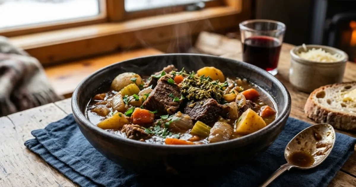 Tigela rústica com ensopado de músculo suculento, legumes e ervas, servida em uma mesa de madeira em um dia frio com pão e vinho ao fundo.
