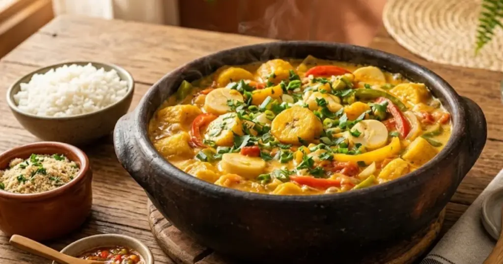 Moqueca vegana de banana-da-terra e palmito servida em panela de barro com arroz, farofa e molho de pimenta sobre mesa de madeira rústica
