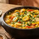 Moqueca vegana de banana-da-terra e palmito servida em panela de barro com arroz, farofa e molho de pimenta sobre mesa de madeira rústica