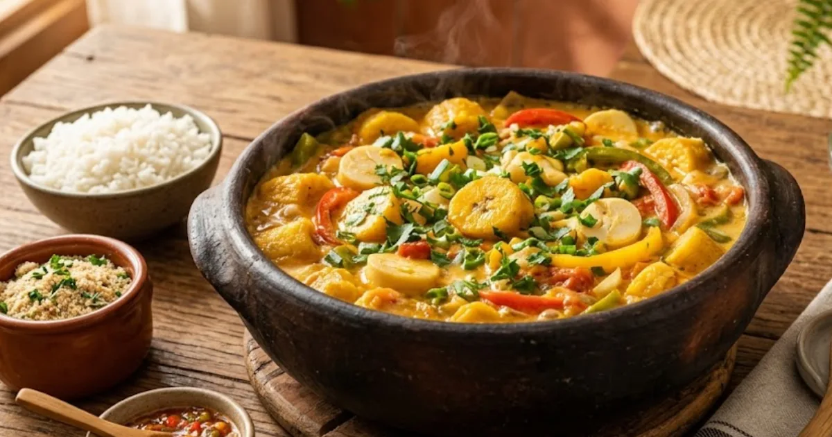 Moqueca vegana de banana-da-terra e palmito servida em panela de barro com arroz, farofa e molho de pimenta sobre mesa de madeira rústica